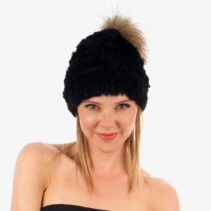 Black Rex Rabbit Beanie with Tan Pompom 